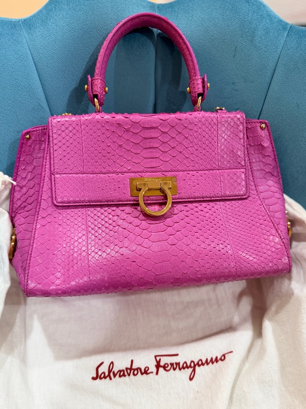 EUC Salvatore Ferragamo Pink Python Sofia Satchel w/ Top Handle Shoulder Strap